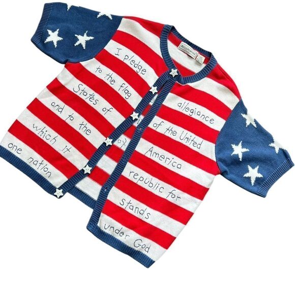 Vintage American Flag Cardigan Patriotic Knit Short Sleeve 4th of July Sweater L - Picture 1 of 7